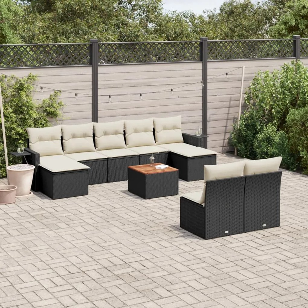 Set Divani da Giardino 10pz con Cuscini in Polyrattan Nero