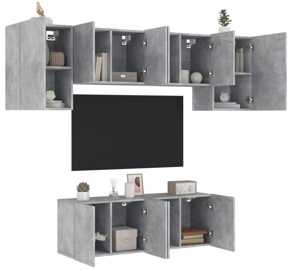 Mobili Tv A Muro 6pz Grigio Cemento Legno Multistrato /