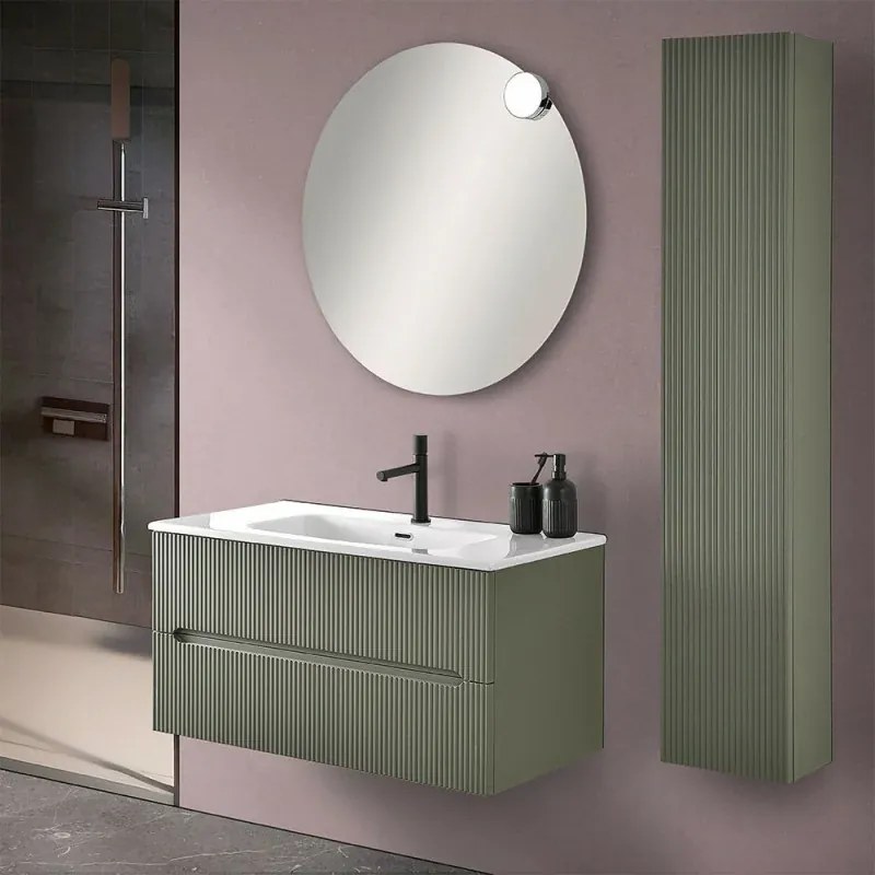 Mobile bagno sospeso cannettato 90 cm verde con specchio Bali