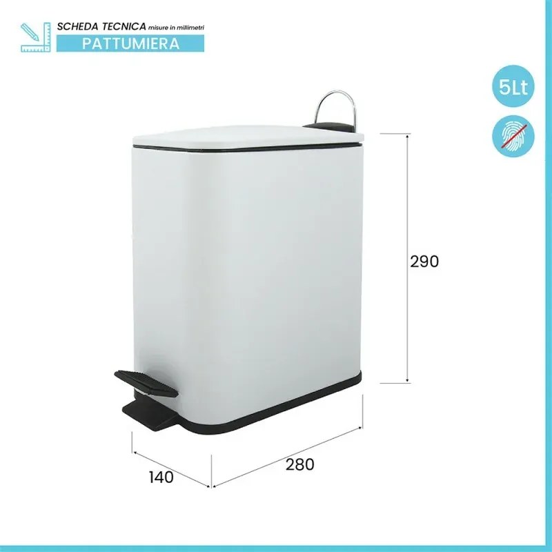 Pattumiera bagno 5 Lt in acciaio bianco opaco con apertura a pedale Rexa