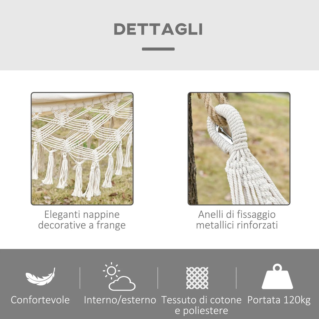 Amaca da Giardino Sospesa 288x150 cm in Tela con Frange Stile Boho Crema...