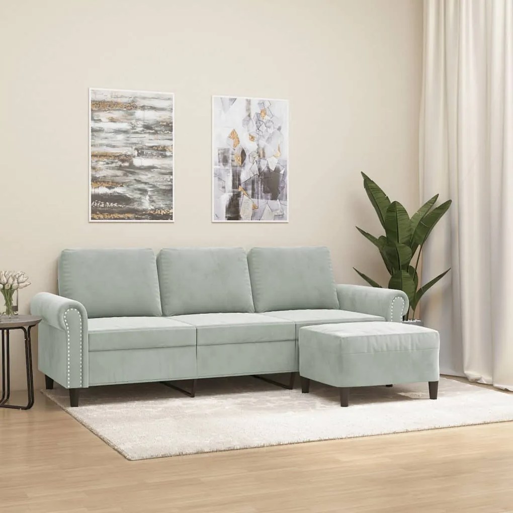 Divano A 3 Posti Con Poggiapiedi Grigio Chiaro 180cm İn Velluto /