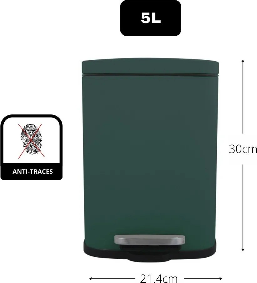 Cestino per la spazzatura verde scuro in acciaio con pedale 5 l Akira – Spirella