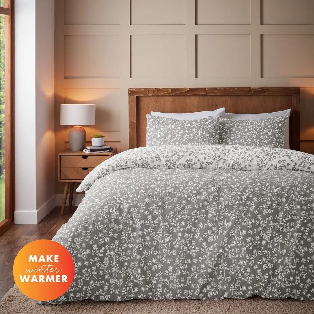 Set copripiumino e federa grigio in flanella per letto matrimoniale e per letto esteso 230x220 cm Grace Floral Leaf – Catherine Lansfield