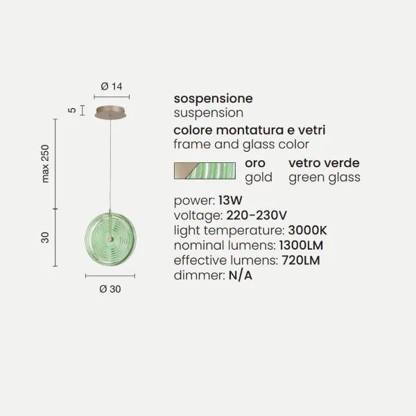 Lampada a sospensione LED JOKEY in metallo e vetro decorato VERDE 30 cm