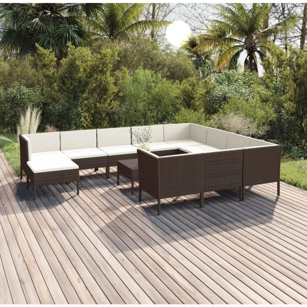 Set Divani da Giardino 12 pz con Cuscini in Polyrattan Marrone