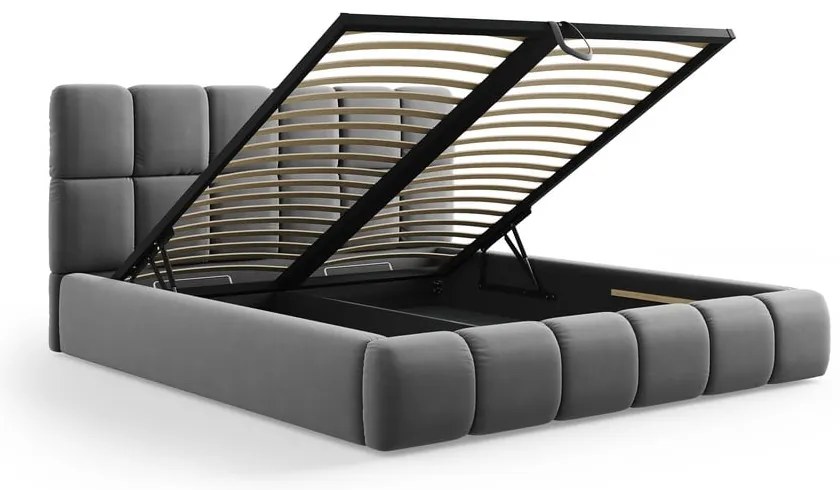 Letto matrimoniale imbottito grigio in velluto con contenitore con rete inclusa 160x200 cm Bellis – Micadoni