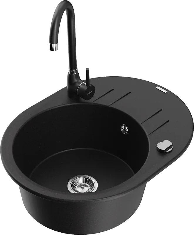 Mexen Kevin lavello in granito a 1 vasca con scolapiatti e rubinetto da cucina Telma, nero - 6517-77-670200-70