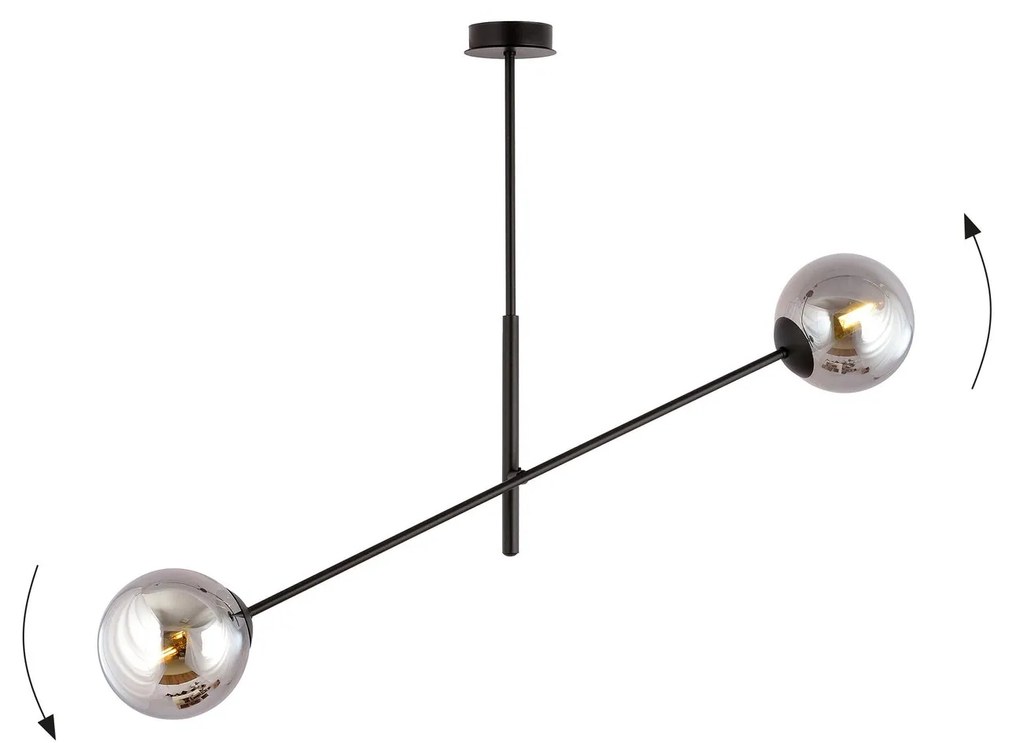 Lampadario 2 Luci Linear In Acciao Nero Con Bracci Regolabili E Vetro Fumè