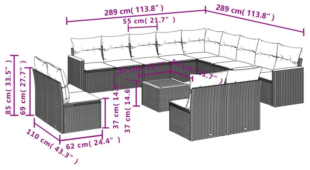 Set divani da giardino 14pz con cuscini in polyrattan beige