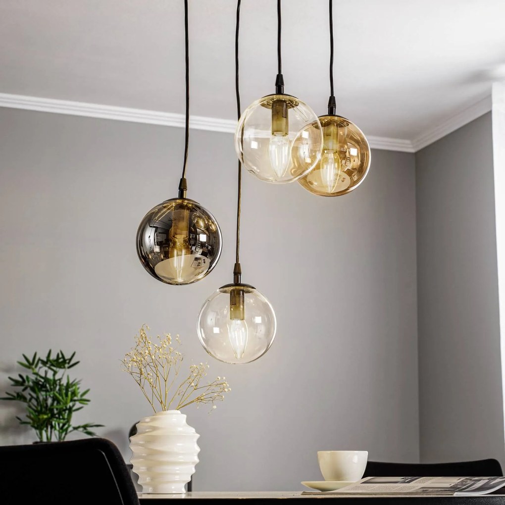EMIBIG LIGHTING Lampada a sospensione Glassy, a 4 luci, nero, grafite/ambra/trasparente, E14