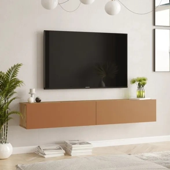 Mobile Tv Sospeso 180x32x30 Effetto Legno Rovere E Rosso Mattone Frame