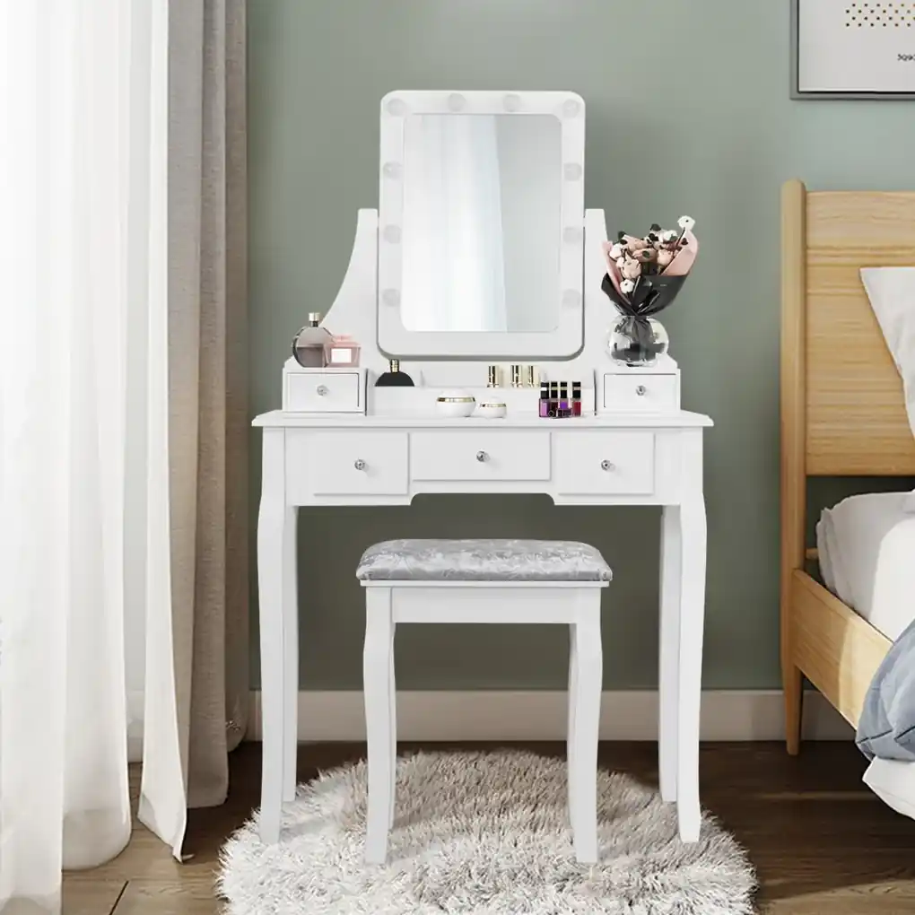 Postazione trucco per bambina 2 in 1, Toeletta e sgabello in legno con  specchio rettangolare 2 cassetti Bianco - Costway