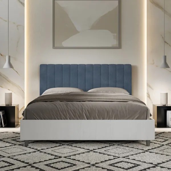 Letto contenitore da 160x200 in legno bianco e testata in microfibra blu Kaia
