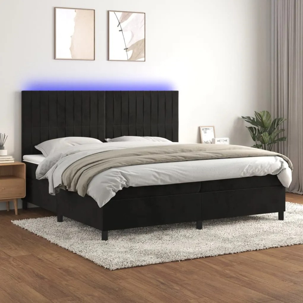 Letto A Molle Con Materasso E Led Nero 200x200 Cm İn Velluto /