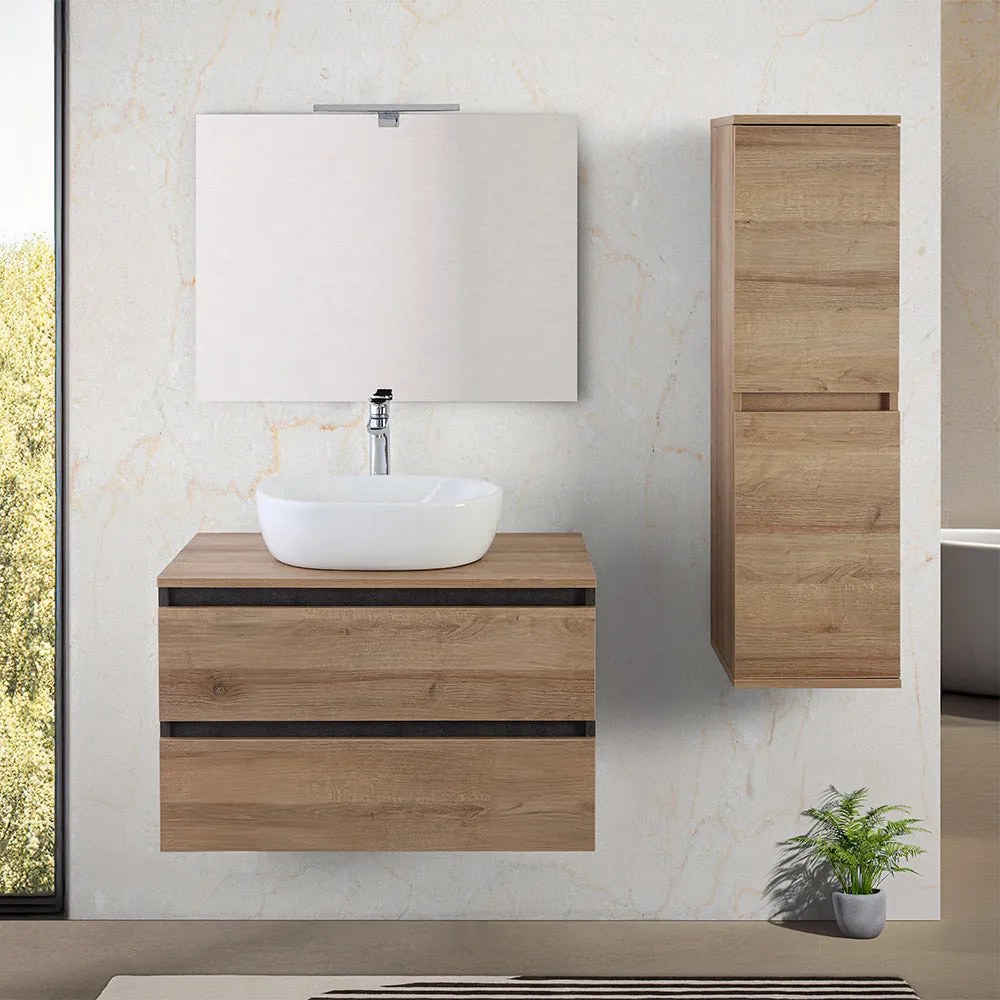 Mobile Bagno Sospeso con Lavabo da Appoggio e Specchio 2 Cassetti Salvaspazio in Legno cm 80 – Rovere di Bordeaux