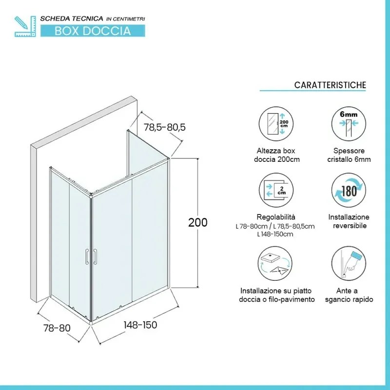 Box doccia 3 lati 80x150x80 cm con doppia porta scorrevole in vetro serigrafato Ted