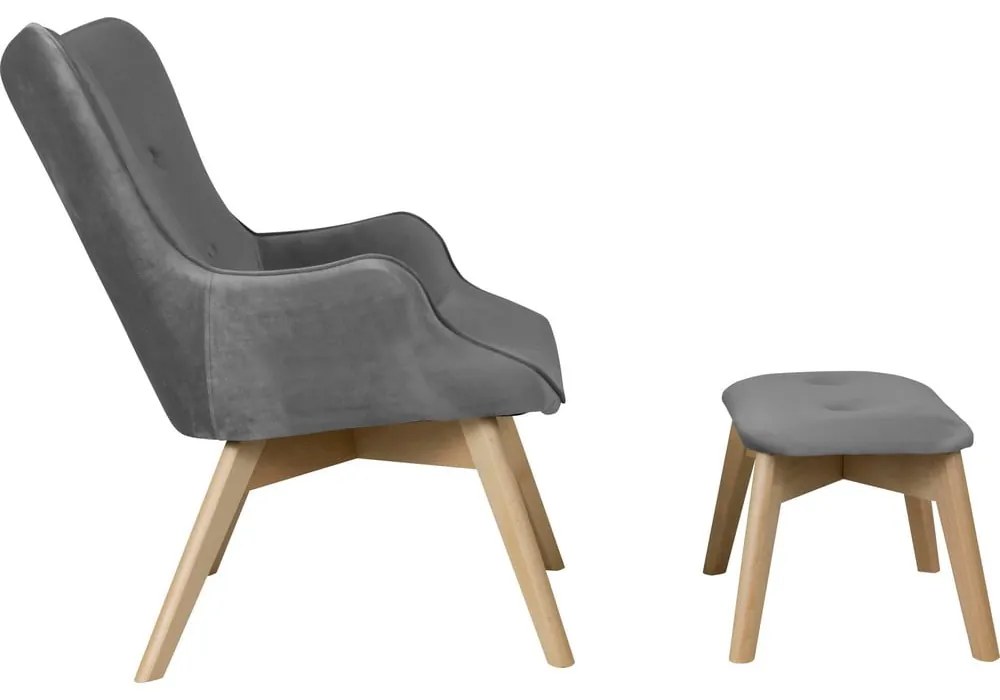 Poltrona con poggiapiedi grigia con rivestimento in velluto Niko – Ropez