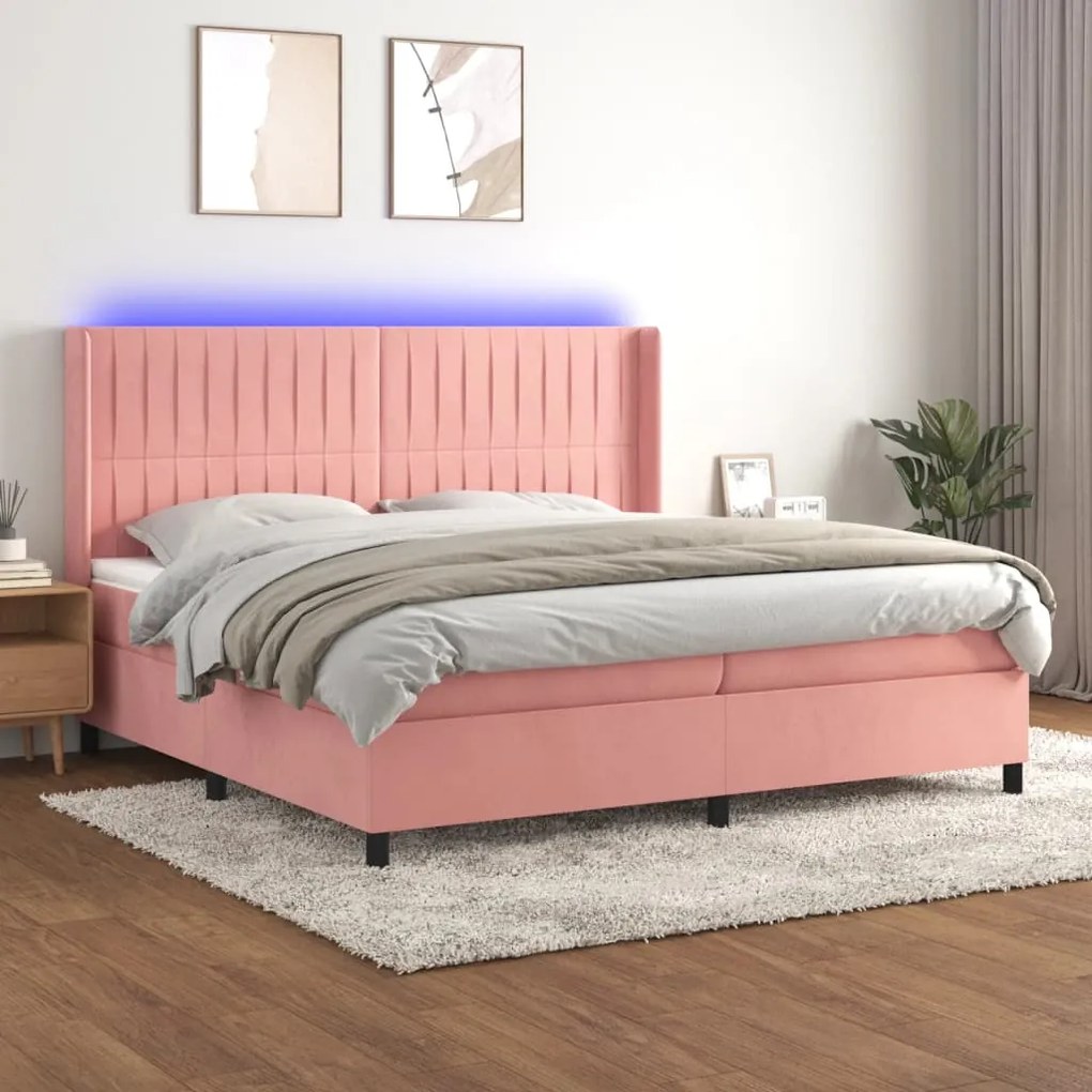 Letto a molle con materasso e led rosa 200x200 cm in velluto