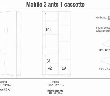 Mobile 3 ante con 1 cassetto - kit bianco fiammato cm 77 l x 34 p x 178