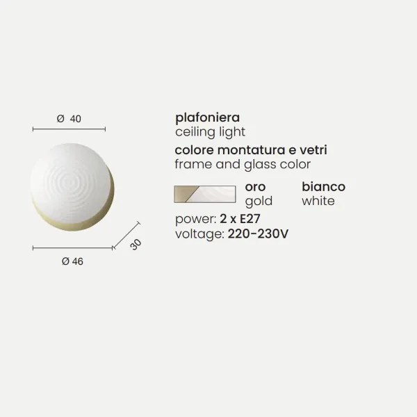 Plafoniera D46 cm TONDO con base in metallo Oro e diffusore in vetro