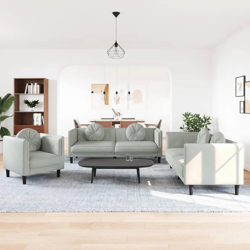Set Di Divani 3 Pz Con Cuscini Grigio Chiaro İn Velluto /