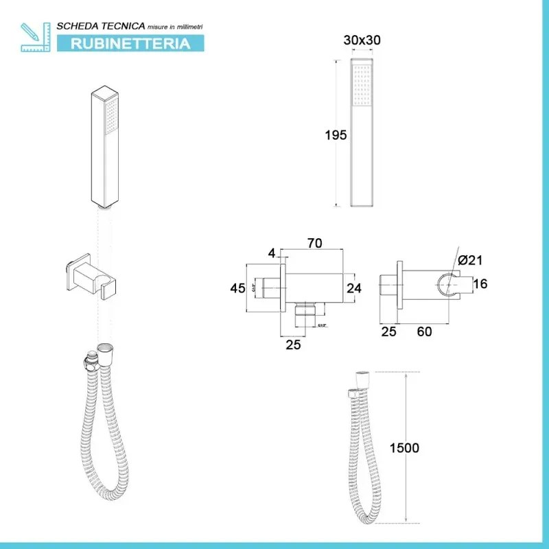 Kit doccia incasso con soffione 30x20 e set completo nero opaco Lotus