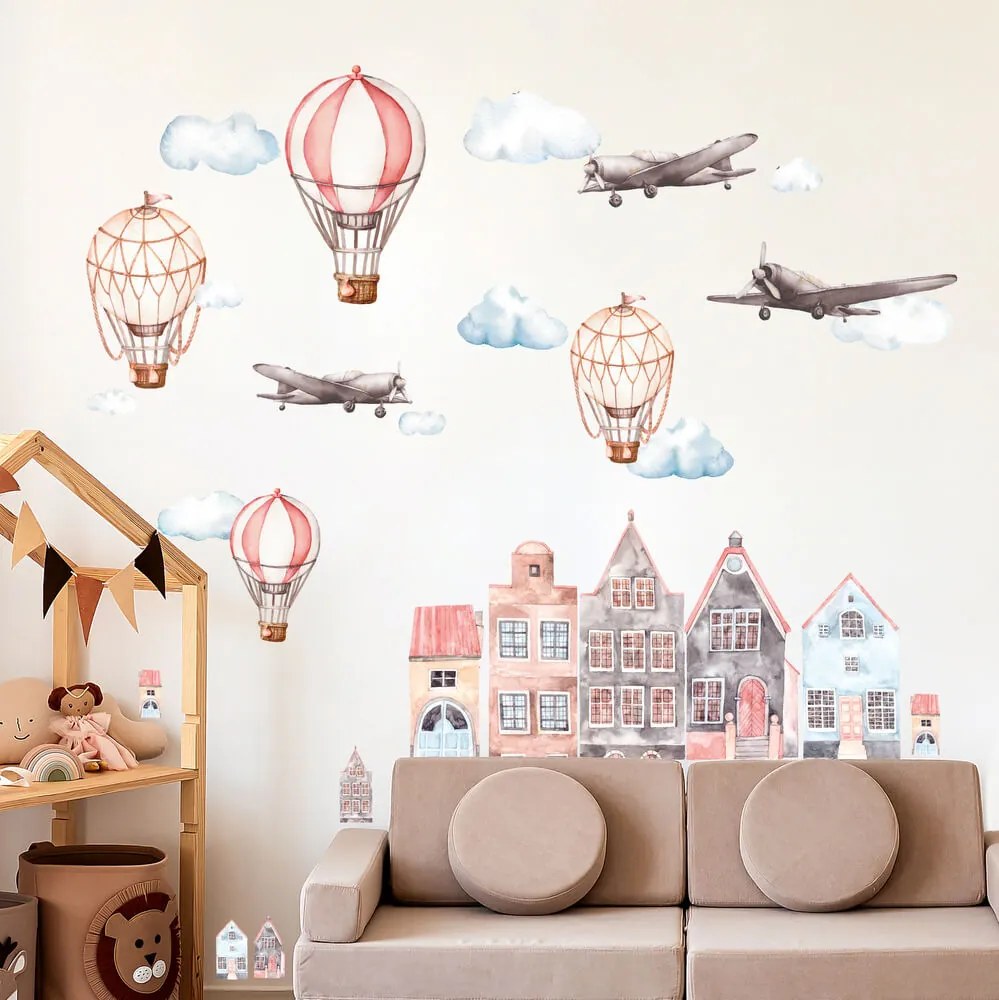 Adesivi per la cameretta dei bambini - Case e palloncini acquerellati | Inspio