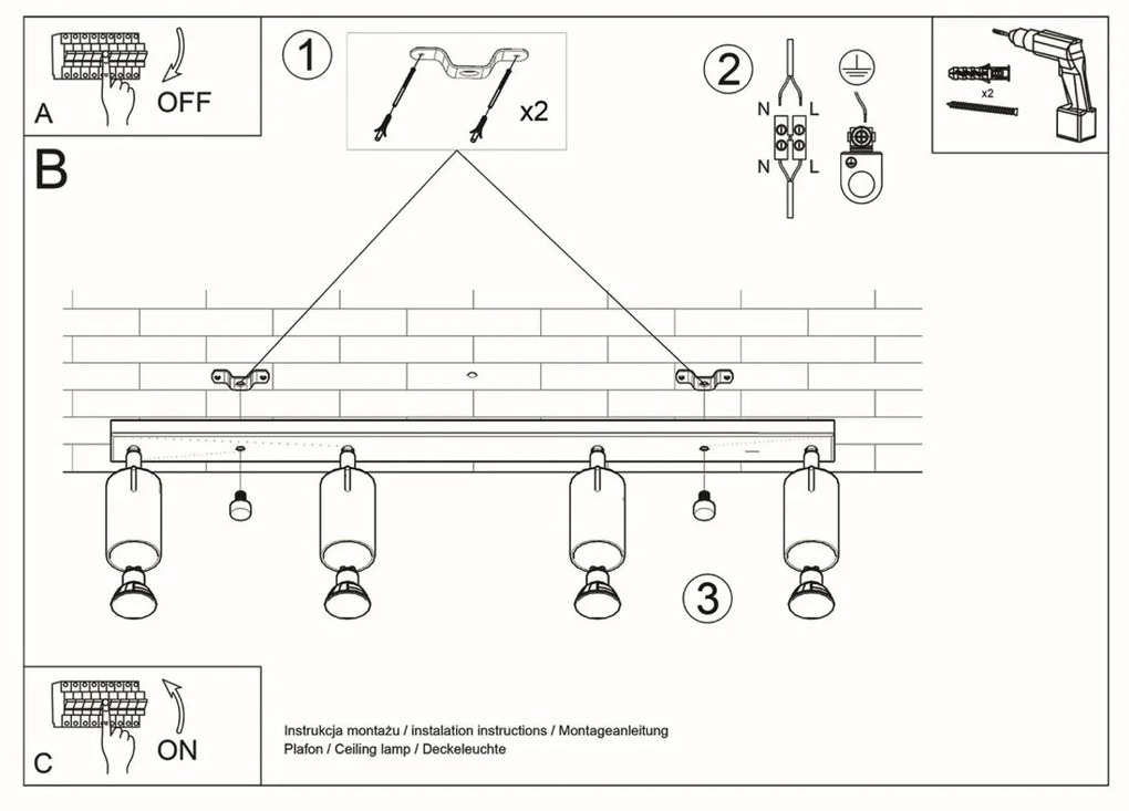 Plafoniera da Soffitto in Acciaio 4xGU10 RING 4L Orientabile Nera