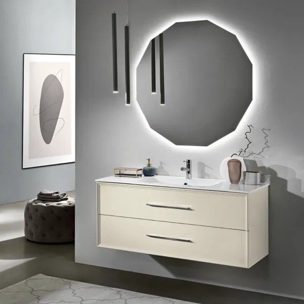 Mobile da bagno sospeso moderno base 100 CLASSIC con 2 cassetti e lavabo, AVORIO OPACO