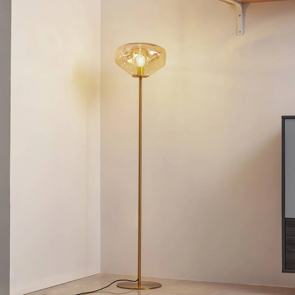 Lindby piantana Lelia, ambra, vetro, metallo, 150 cm