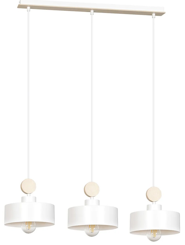 Lampadario 3 Luci Zhurong In Acciaio Bianco E Paralumi Con Legno Naturale