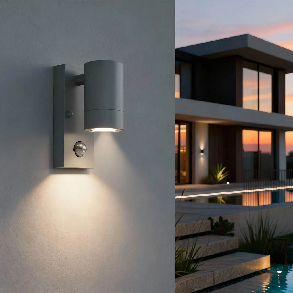 Applique cilindrica da Esterno IP65 GU10 con sensore Movimento - Grigia
