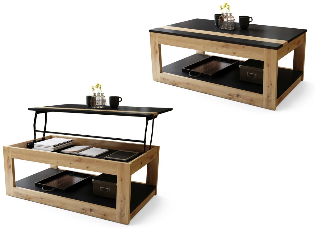 LUSSO Nero Opaco/Rovere Artisan - MODERNO TAVOLINO CON PIANO SOLLEVABILE + PORTAOGGETTI + MENSOLA (CON ROTELLE!)