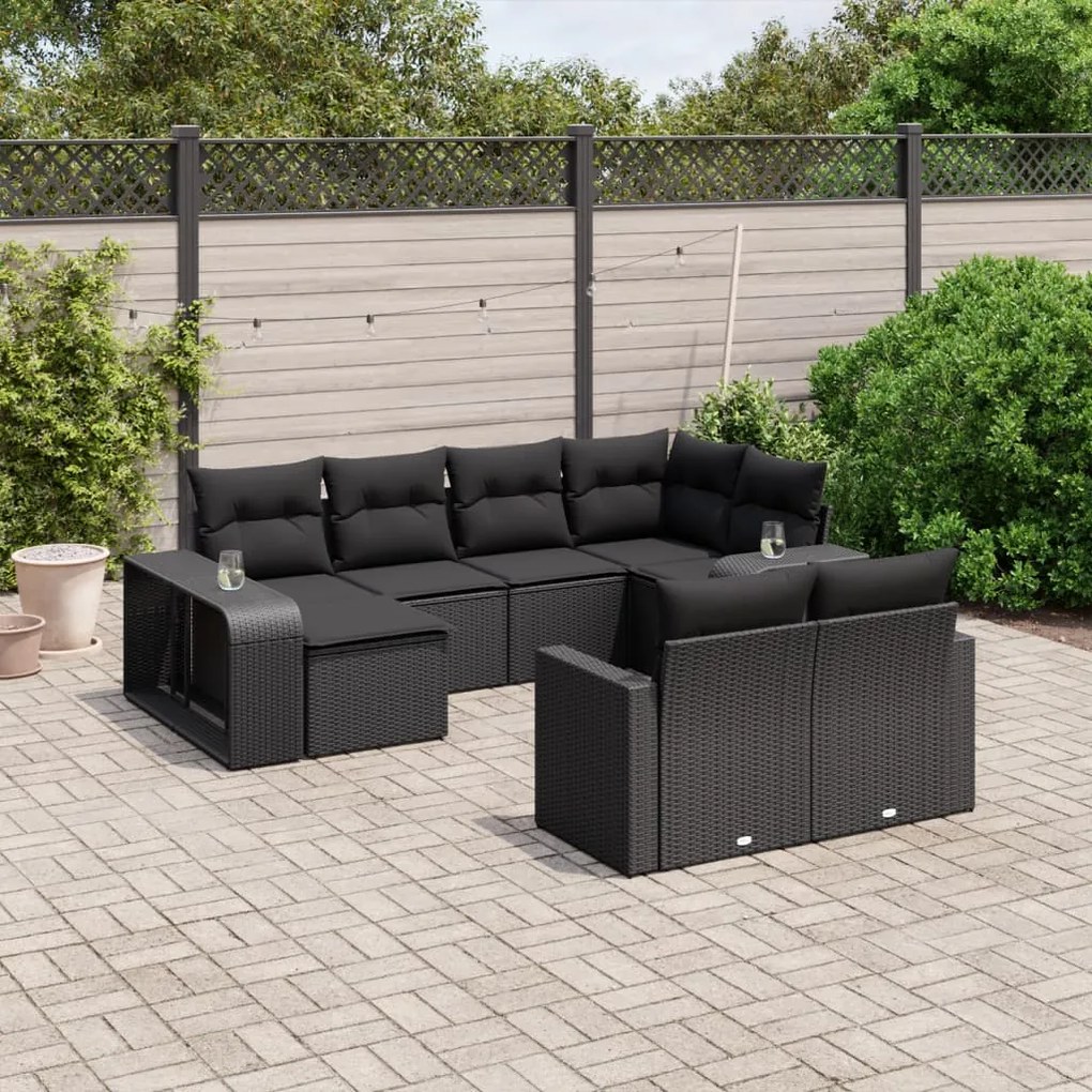 Set divani da giardino 10pz con cuscini in polyrattan nero