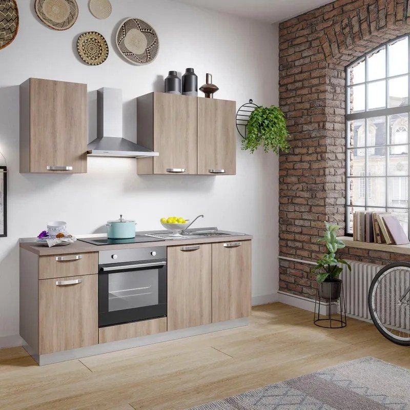Cucina montata Dora rovere chiaro, lavello a destra, L 195 cm, completa di: cappa a camino, piano cottura a induzione, forno,
