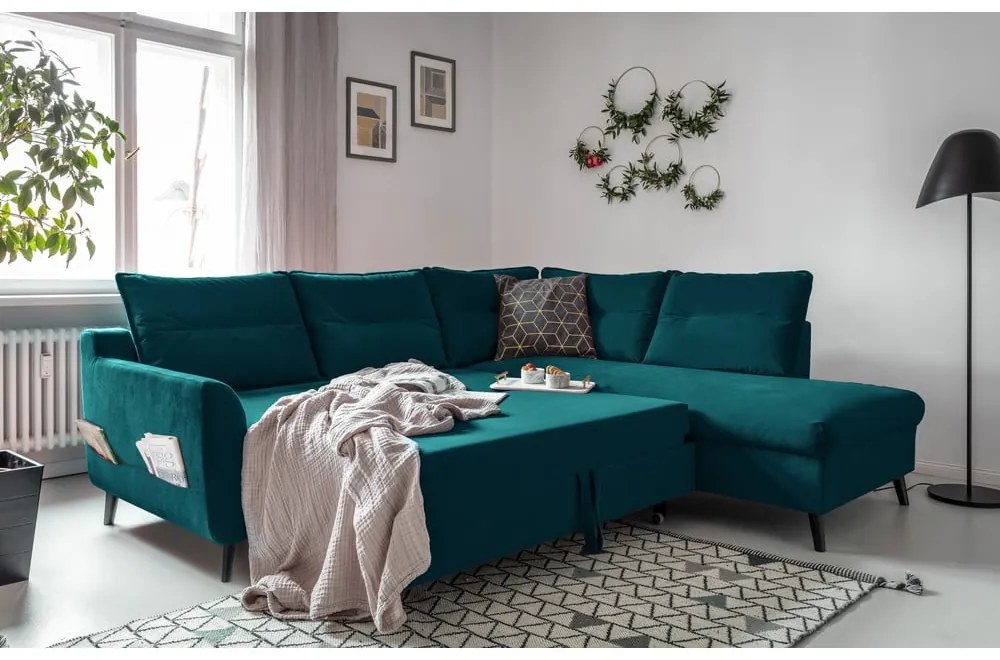 Divano letto angolare in velluto turchese L, angolo destro Stylish Stan - Miuform