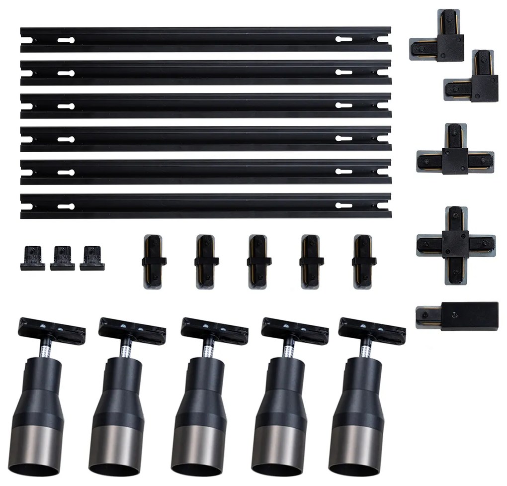 Sistema di illuminazione su binario moderno con 5 faretti in metallo canna di fucile monofase - Iconic Kohua