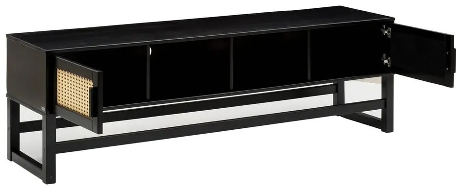Tavolo TV nero in legno di pino con ante in rattan Jolene - Støraa