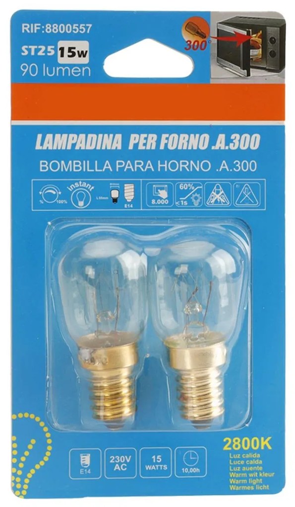 2 Lampadine Da Forno e Microonde E14 ST25 15W 230V 80 Lumen 2800K Resistente Alta Temperatura Fino a 300 Gradi