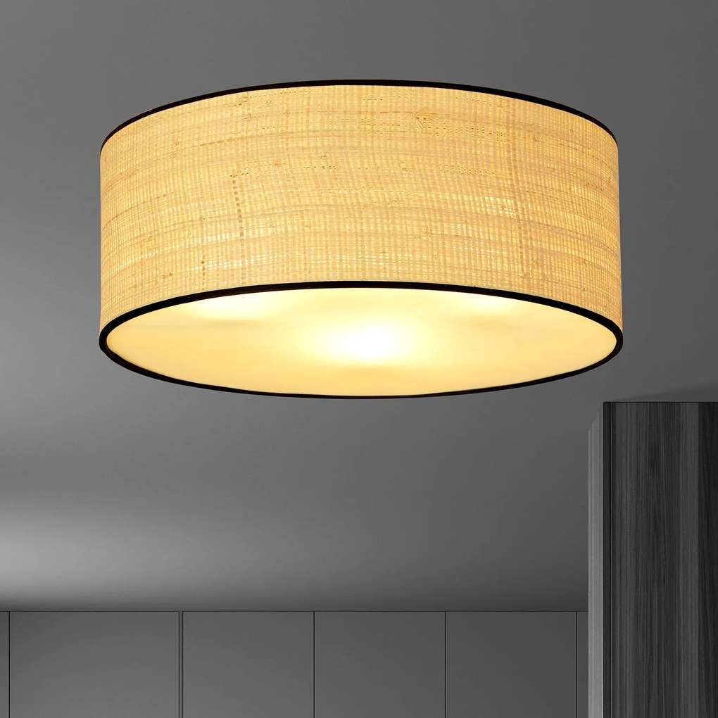 Plafoniera Nordica 3 Luci Drago In Acciaio Nero E Rattan
