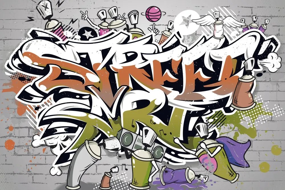 Carta da parati autoadesiva – Scritta Street Art arancione con spray