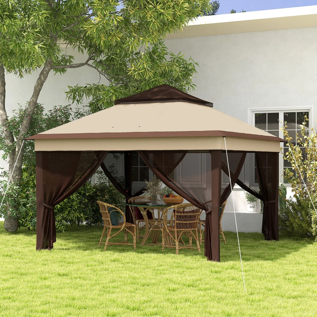 Gazebo Regolabile su 3 Livelli con Pareti Rimovibili 3x3m in Acciaio e tessuto Oxford Caffè e Beige...