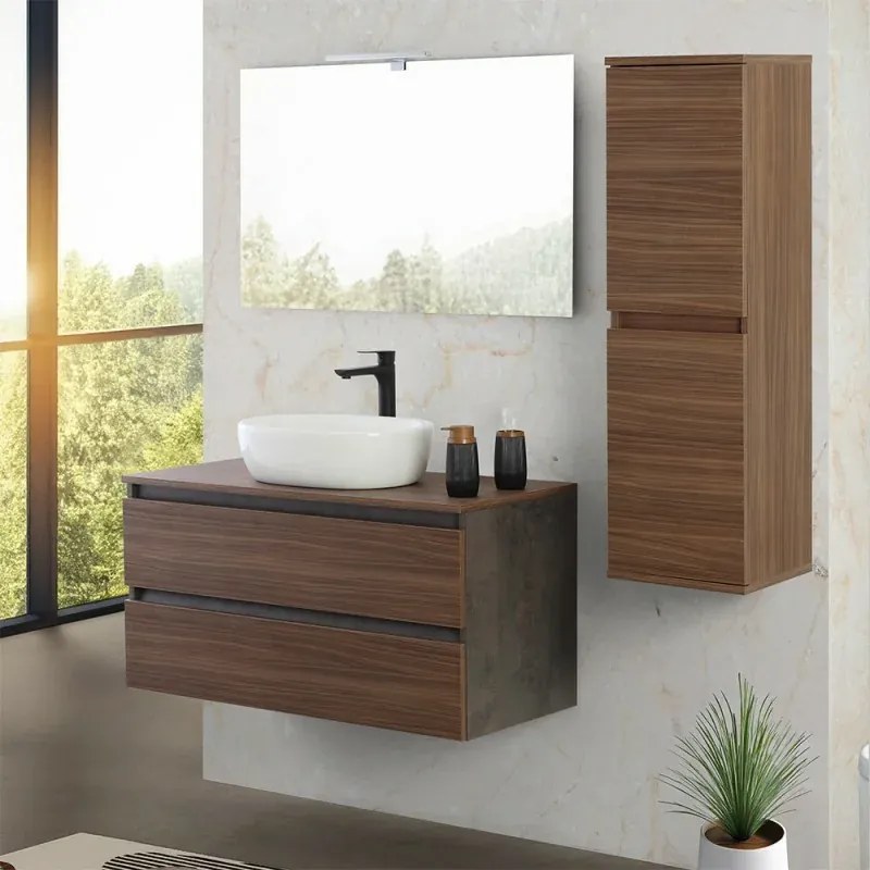 Mobile bagno sospeso 100 cm ossido e noce con top lavabo e specchio Kleo