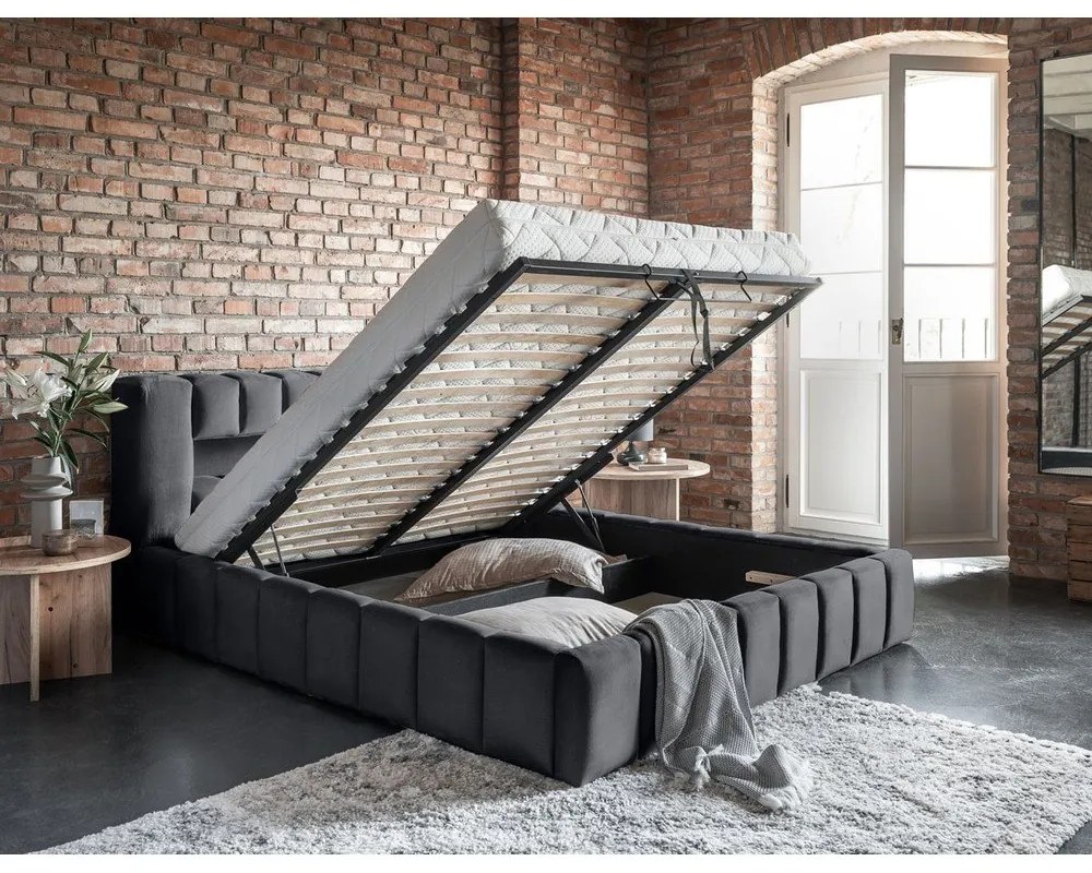 Letto matrimoniale imbottito grigio con contenitore e rete inclusi 180x200 cm Lamica – ELTAP