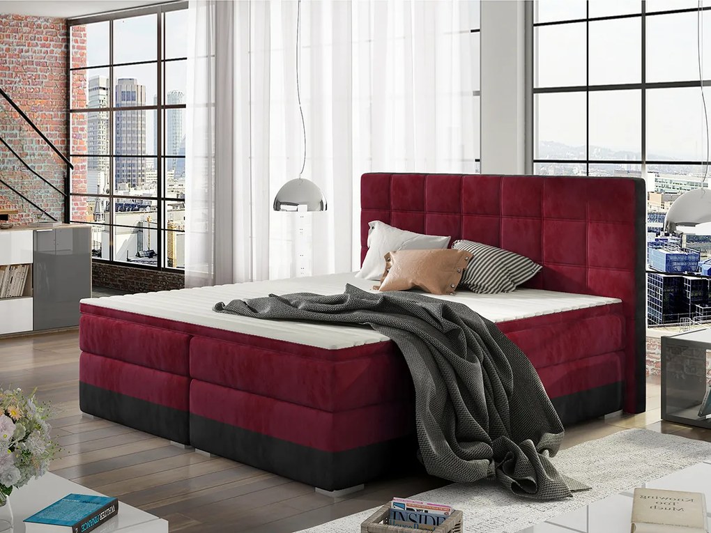 Letto matrimoniale boxspring Michelangelo - 180 x 200 cm , Ecopelle nero+tessuto rosso