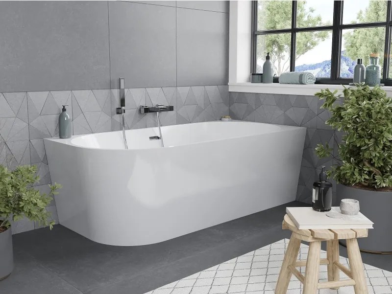 Mexen Mia vasca da bagno freestanding angolare destra 150 x 75 cm, bianca, troppopieno cromato - 52691507500P-01