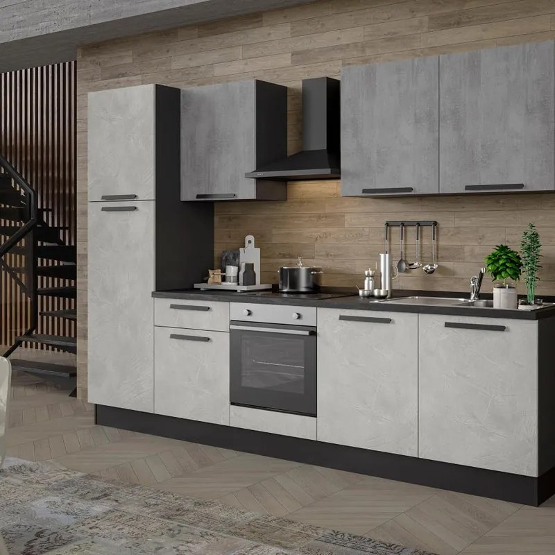 Cucina montata Dora bianco e grigio chiaro, lavello a destra, L.300 cm, completa di: cappa a camino, piano cottura a induzione, forno e frigorifero