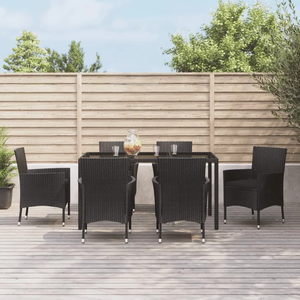 Set da pranzo da giardino 7 pz nero con cuscini in polyrattan