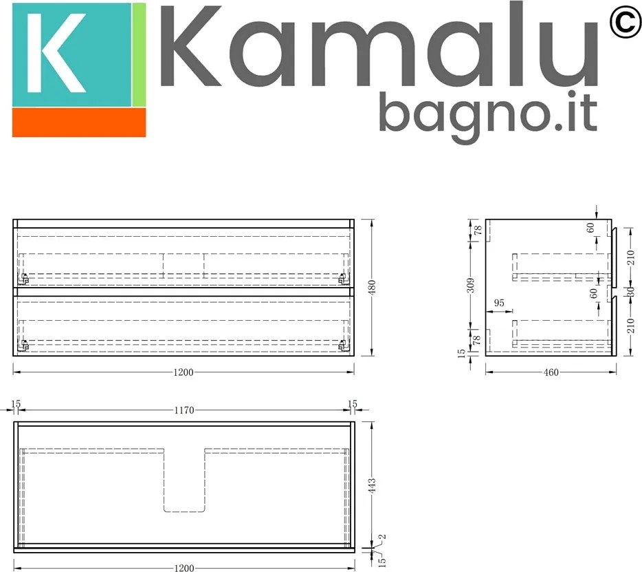 Mobile bagno 120 cm due cassetti lavabo integrato legno chiaro | KAM-HR120 - KAMALU